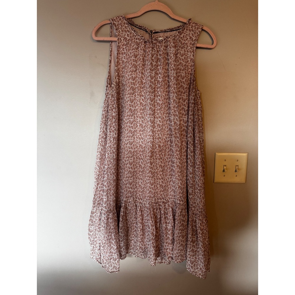 Anthropologie Pink Brown Floral Print Sleeveless Ruffle Hem Shift Dress Large